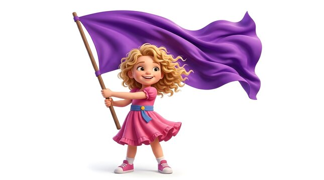 Cheerful Little Girl Holding Purple Flag in Colorful Fantasy Costume on White Background