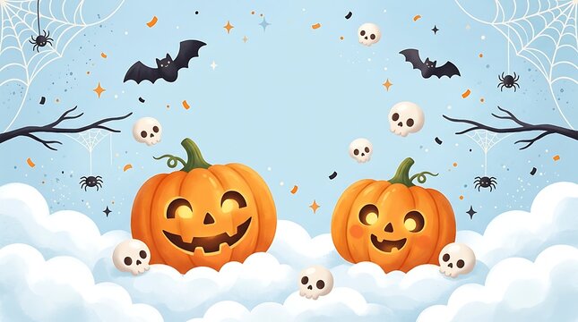 Cute halloween background with jackolantern pumpkins, skulls, bats, and spiders on a soft blue sky with clouds