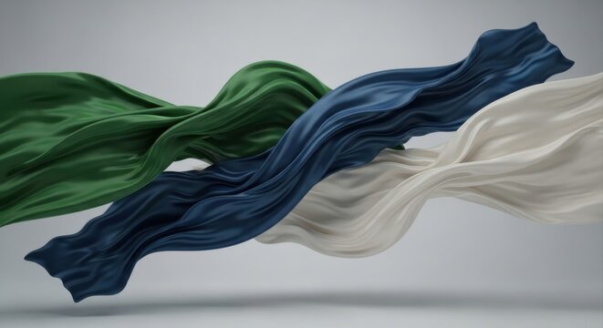 Three flowing fabric ribbons in green blue and white colors waving through the air against a neutral gray background, in a dynamic motion