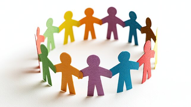 Diverse group of colorful paper people holding hands in a circle symbolizing unity and teamwork.