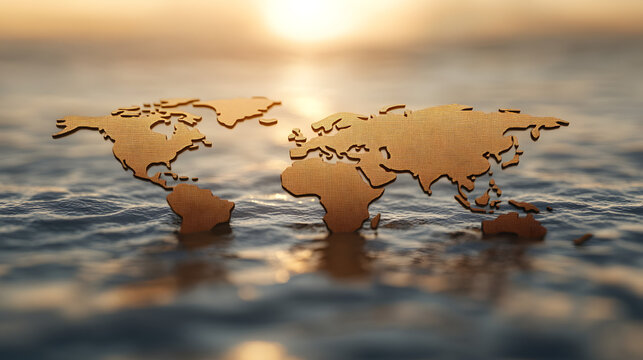Abstract gold world map illustration layout embossed over dynamic moving blue ocean water