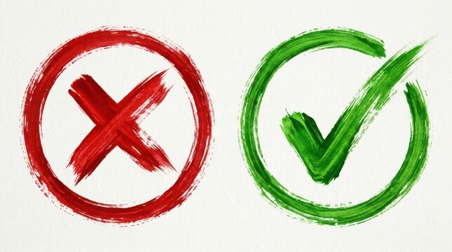 Hand painted red cross and green check mark symbols isolated on white background