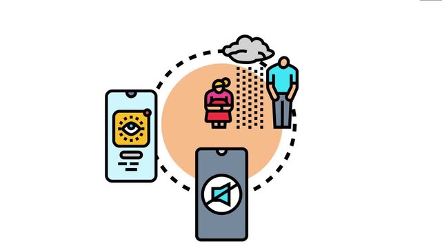 Affective flattening describing diminished emotional reactivity in individuals, depicted by symbols of muted expression, lack of engagement, and constant monitoring through digital devices