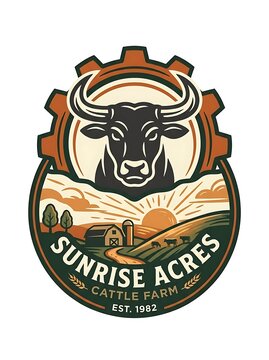 Vintage style cattle farm emblem with bull and sunrise