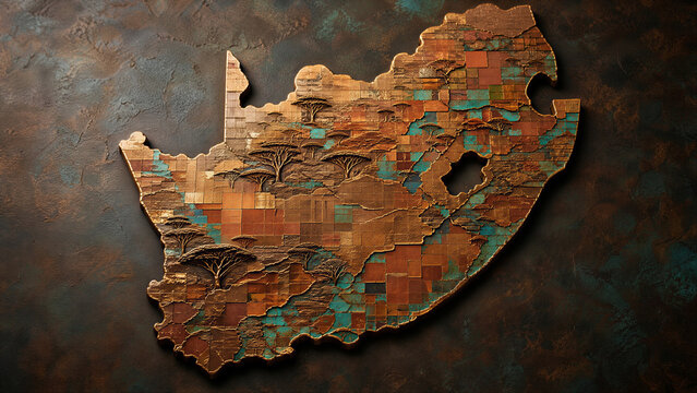 Vintage map concept of South Africa, old paper texture, distressed, rust, rusted metal background, retro cartography, textured topographic design