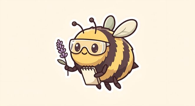 Cute Bee Mascot Holding a Purple Flower in Friendly Cartoon Style