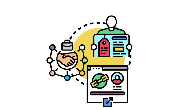 Affiliate marketing partner program concept with a person offering online deals, indicating partnership collaboration through digital networks and referral links for earning commissions