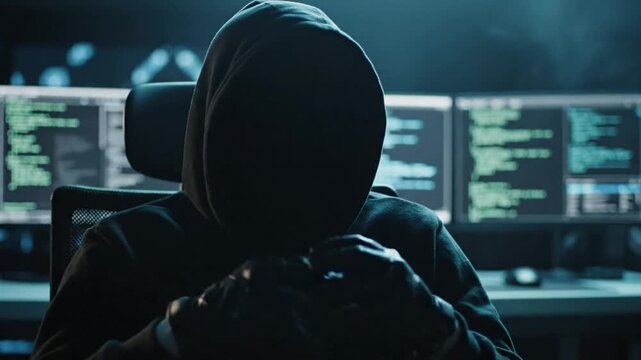Anonymous Hacker Operating in Dark Room with Multiple Computer Monitor Screens