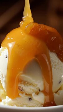 Golden caramel sauce pouring over a scoop of vanilla chocolate chip ice cream