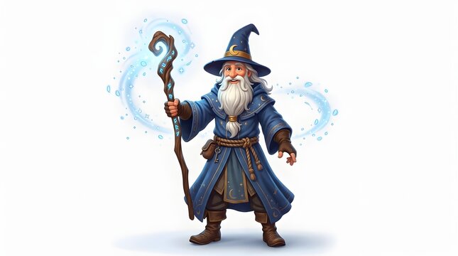 Whimsical Blue-Robed Wizard Character with Staff and Magical Energy Effects