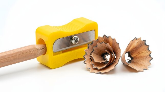Yellow Pencil Sharpener with Wooden Shavings Isolated on White Background