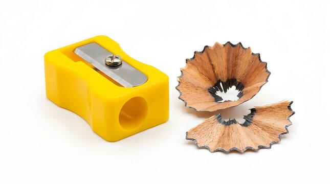 Yellow Pencil Sharpener with Wooden Shavings Isolated on White Background