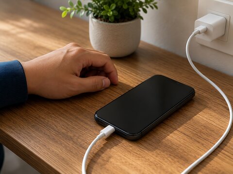 Hand reaching for smartphone charging on wooden table