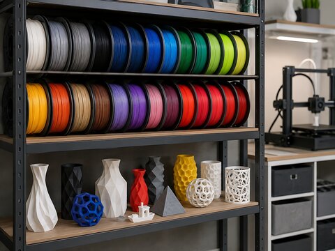 3D printing filament and printed objects on shelf