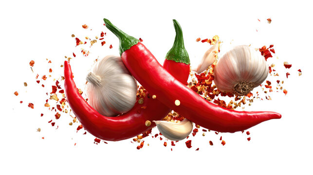 Fiery Fusion: A vibrant composition of red chili peppers and garlic cloves, artfully arranged with scattered chili flakes, creating an explosion of flavor and spice.