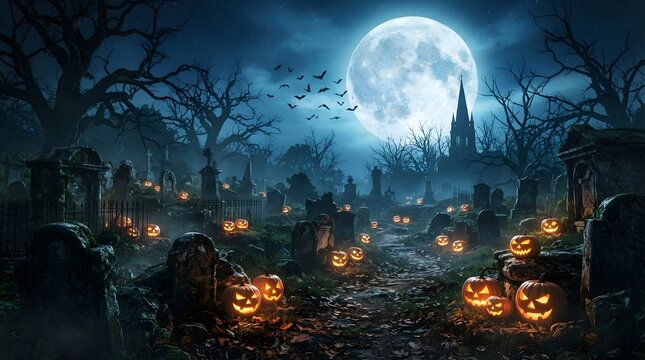 Spooky halloween graveyard with glowing pumpkins under a full moon