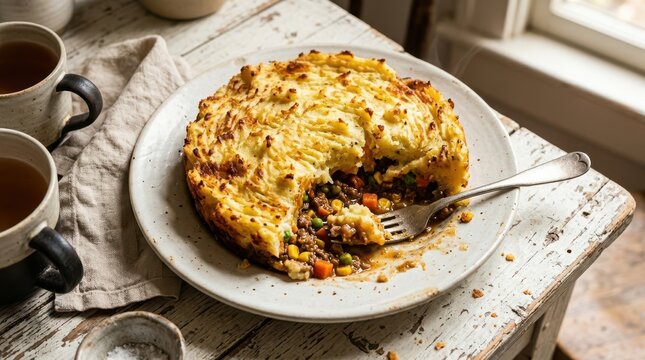 Traditional shepherds pie with mashed potato crust and vegetable meat filling