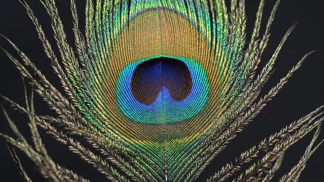 Peacock feather slowly unfolding in a detailed macro view, revealing vibrant iridescent blue, green, and gold colors with intricate patterns against a dark background, nature close up.