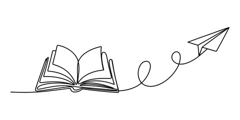 Continuous single line drawing of an open book and a flying paper plane representing imagination and learning isolated on a white background illustration