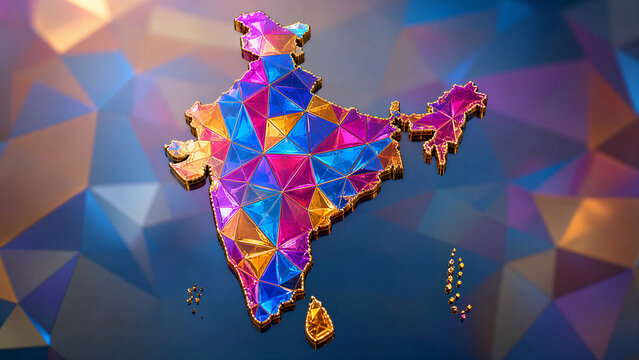 India map 3D rendering, colorful geometric polygon style, low poly vector shapes, abstract colorful Indian map illustration, low poly state borders, colorful travel design background