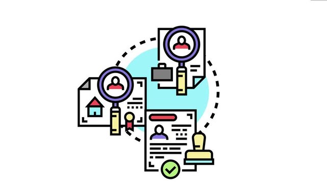 Vector depicting a legal process involving document examination, identity verification, and official approval, representing the affirmation of established convictions