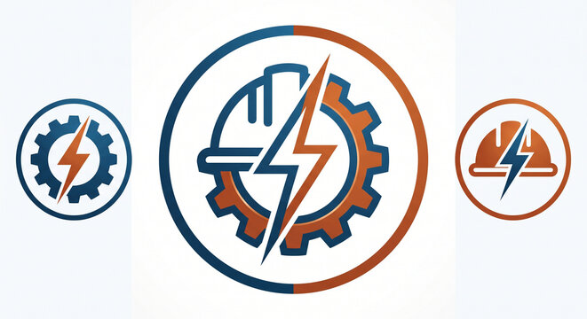 Industrial electrical logo set, hard hat and gear icons with lightning bolt, blue and orange construction symbols for engineering
