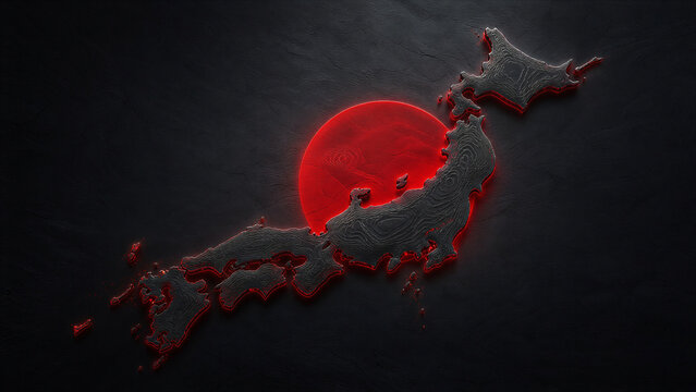 Dramatic 3D Map of Japan on Dark Background. Glowing Red Sun Circle Symbol. Abstract Geographical Geography Vector Concept. Asian Country Location Design. Background for Media or Travel Project.