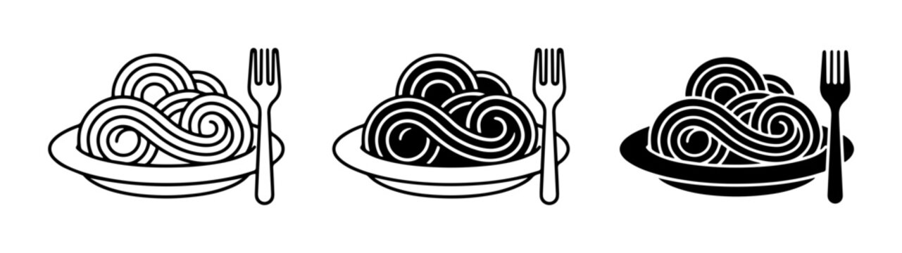 Spaghetti Icons, Pasta Plate & Fork Vector Graphics, Italian Food Symbols