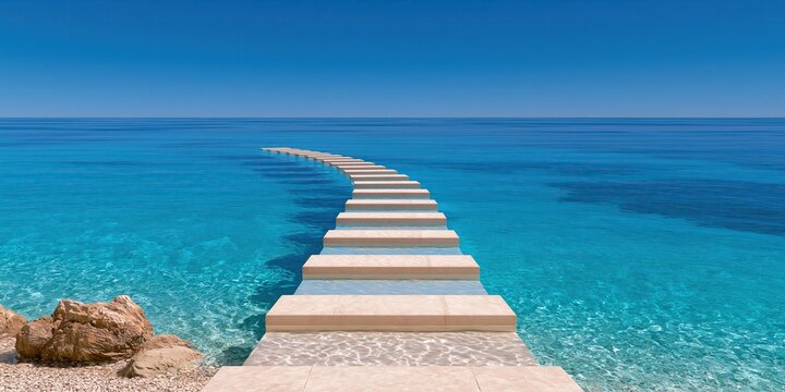 Beige stone stepping stairs pathway extending out into clear bright turquoise ocean under clear bright blue sky creates minimalist serene coastal landscape for summer vacation