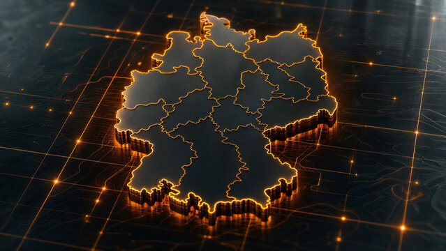 Digital map of Germany, glowing 3D outline with state borders on futuristic grid background, orange technology concept