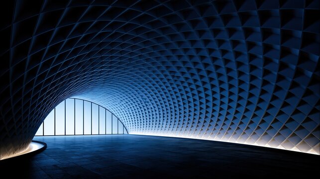 Modern futuristic curved vaulted interior space with grid patterned parametric walls and backlit lighting creates minimalist contemporary architectural design