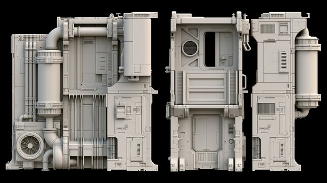 Futuristic sci-fi uppercase letter H constructed from detailed industrial space station modules with pipes and vents against solid black background shows technical mechanical 3d typography