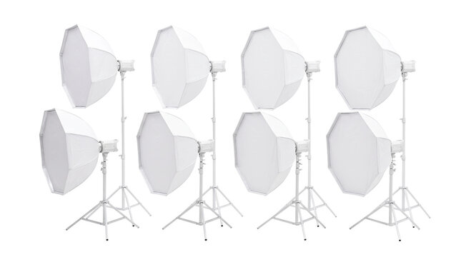 Professional studio lighting equipment set with octabox softboxes on isolated background