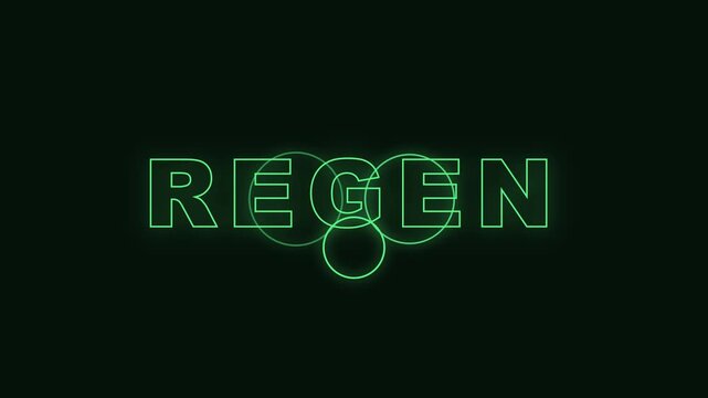 Neon green regen text animation with dynamic glowing circles on dark 4k background