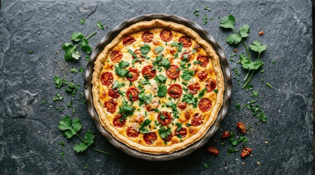 Freshly baked savory quiche with cherry tomatoes and fresh cilantro on a dark slate background