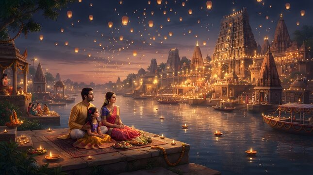 Indian family sitting by the river at night during a festival with floating lanterns and temple lights