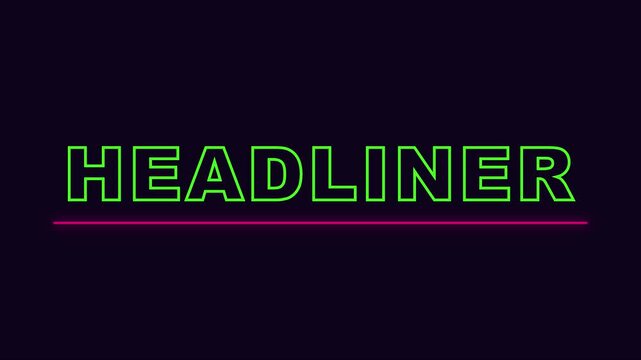 Neon headliner text animation with glowing green typography and pink line accent for modern digital media and broadcast 4k