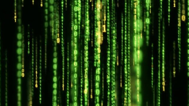 Green binary code falling stream in matrix style against black background