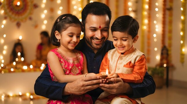A father holding his young daughter and son while they light a traditional diya lamp during diwali celebration