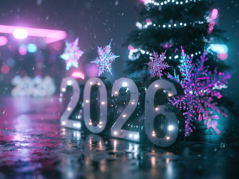 "2026" futuristic Christmas 3D design, metallic silver numbers with LED lights, surrounded by holographic snowflakes, futuristic Christmas tree, neon festive lighting, dark background, cinematic 3D