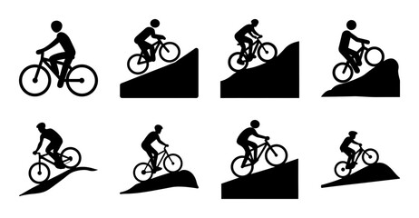 Naklejka premium Cyclists riding up steep hill in silhouette style - Silhouette-style vector icons of cyclists climbing a steep hill, showing dynamic motion and determination with a clean, minimalist design.