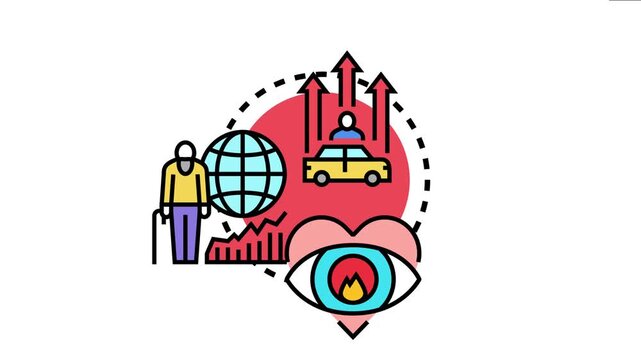 Age bracket concept visualizes demographic segmentation, social mobility, and population monitoring, with icons representing different life stages and societal trends