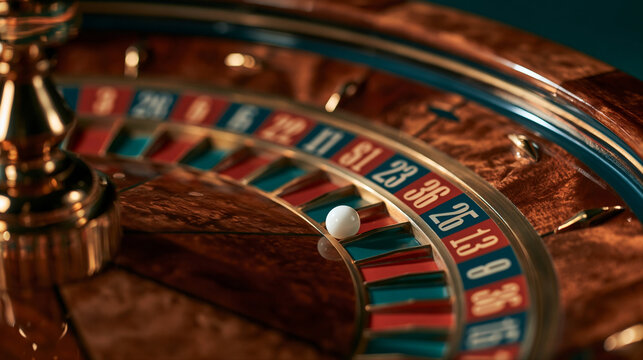 Classic wooden roulette wheel. Gambling, casino and games of chance concept. Close-up shot for poster, visual material