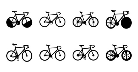 Fototapeta premium Flat style bicycle icons in various poses - Minimalist line art icons of bicycles in different riding and resting positions, perfect for sports, travel, or fitness designs.