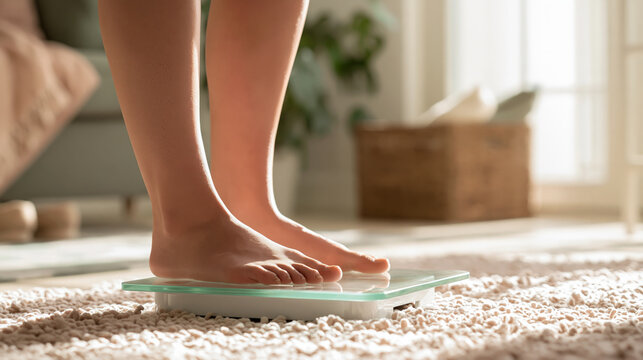 Woman standing barefoot on a digital bathroom scale measuring weight in a bright bedroom for healthy lifestyle