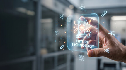 Fototapeta premium Futuristic holographic technology interface with hand interaction and glowing digital innovation icons