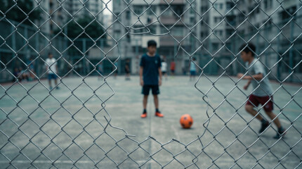 Fototapeta premium Soccer neighborhood street chain link fence boy ball urban outdoor. Children play football sport game. urban neighbourhood community recreation, friends team friendship ball