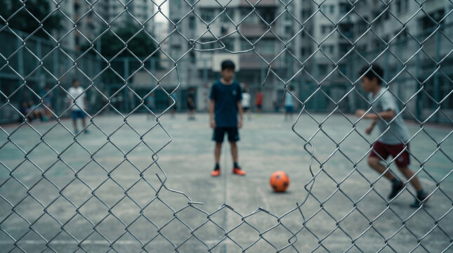 Soccer neighborhood street chain link fence boy ball urban outdoor. Children play football sport game. urban neighbourhood community recreation, friends team friendship ball