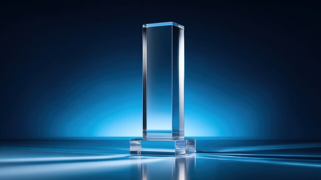 A sleek rectangular glass trophy stands proudly against a dramatic blue background with lighting effects. Excellent for corporate.