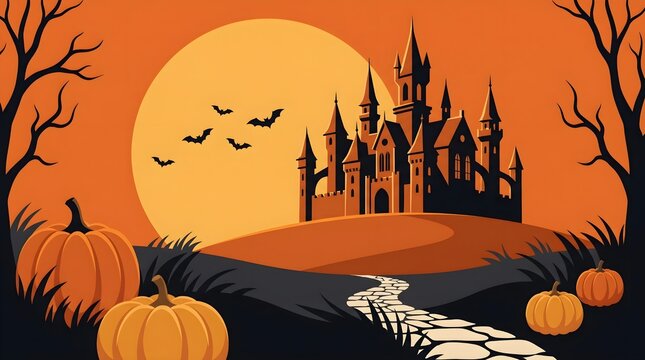 Halloween castle illustration with pumpkins and a vibrant orange background